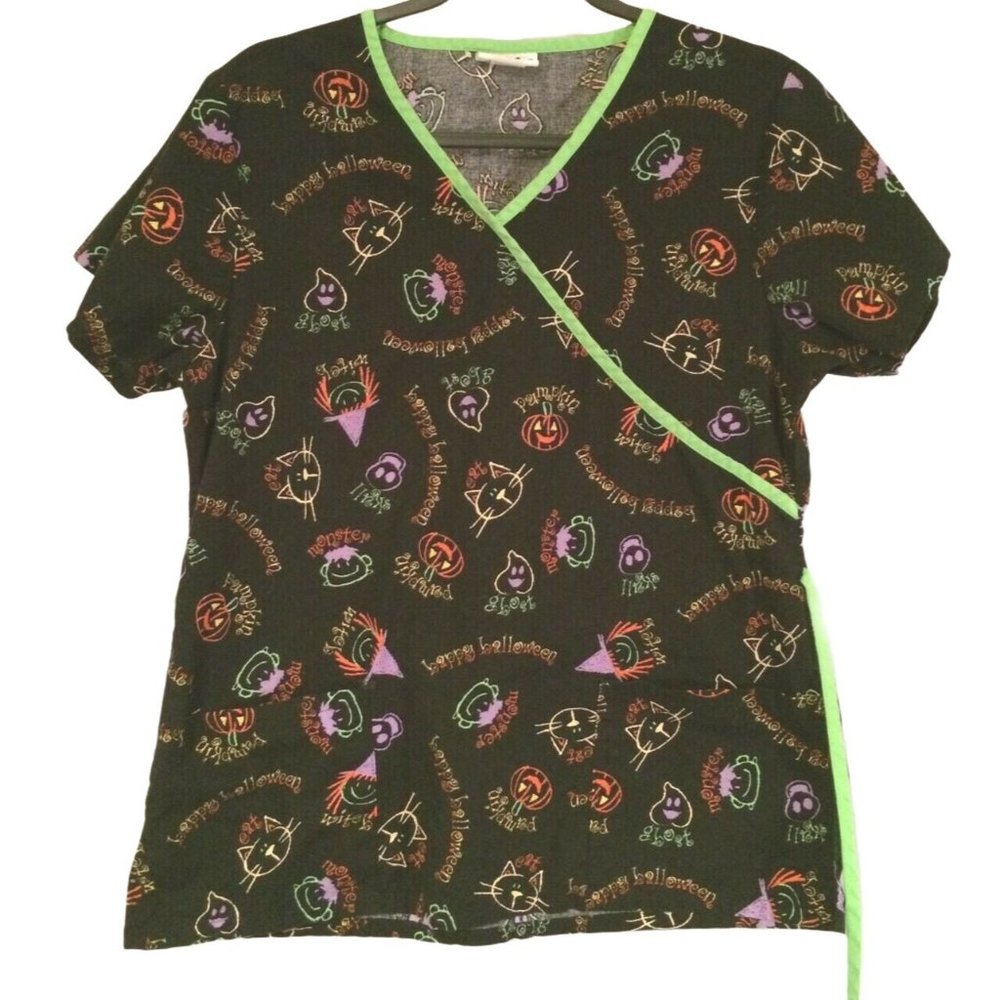 Halloween Scrub Witch Cat Pumpkin Monster Hat Black Life Brand Medical Top